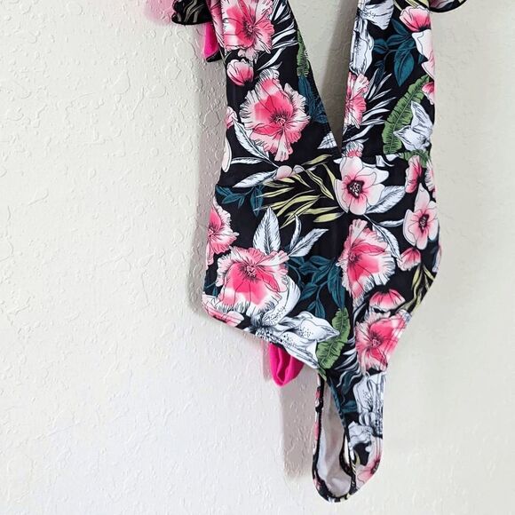 Women's SheIn One Piece Bathing Suit Monokini Ruffle Deep Plunge Small Tropical - Picture 7 of 9